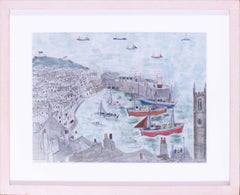 Vintage St. Ives school, British 20th Century, Fishing boats leaving St Ives harbour