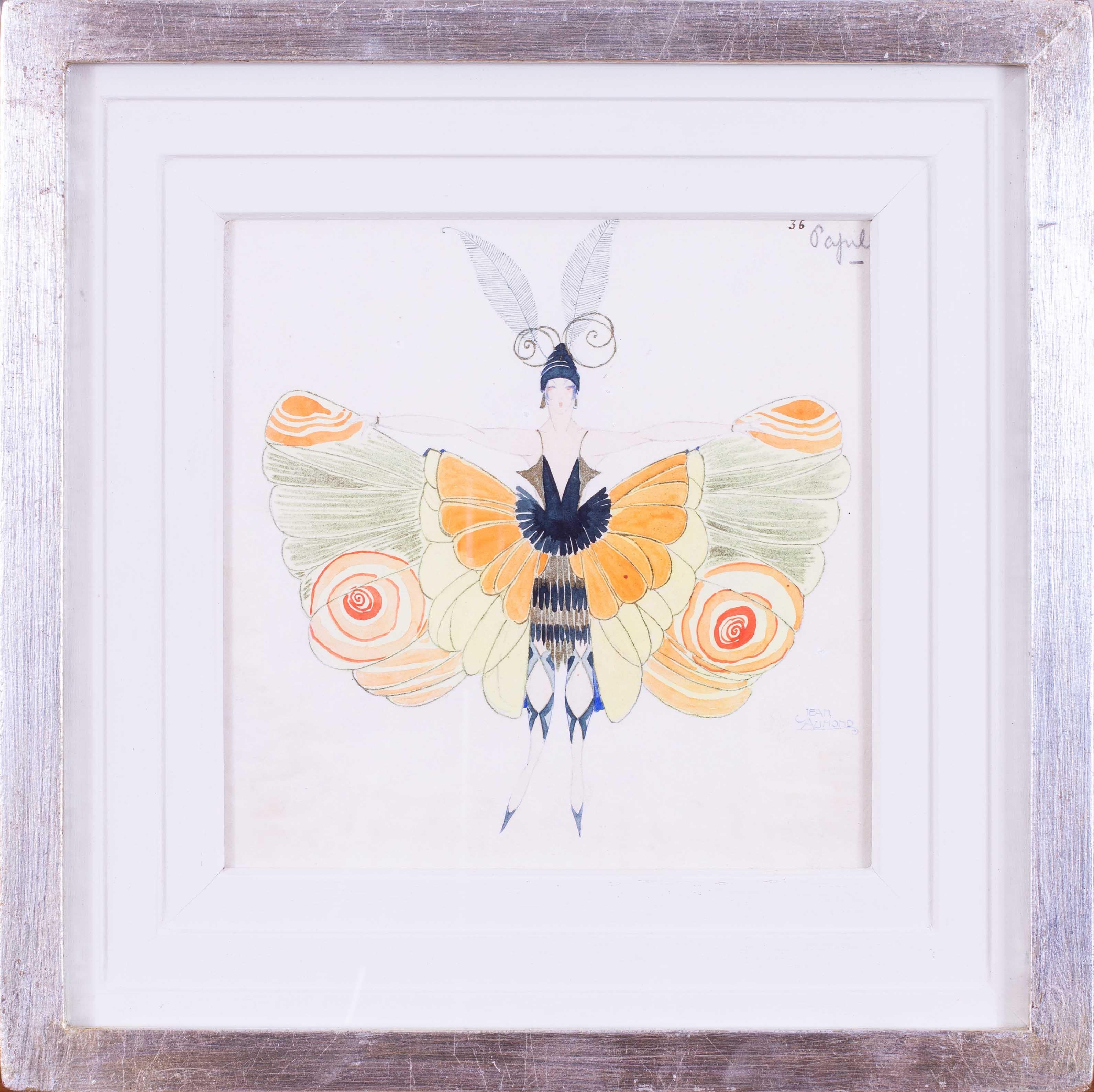Gelbes Schmetterlingskostüm-Entwurf des französischen Kostümbildners Jean Aumond im Art déco-Stil