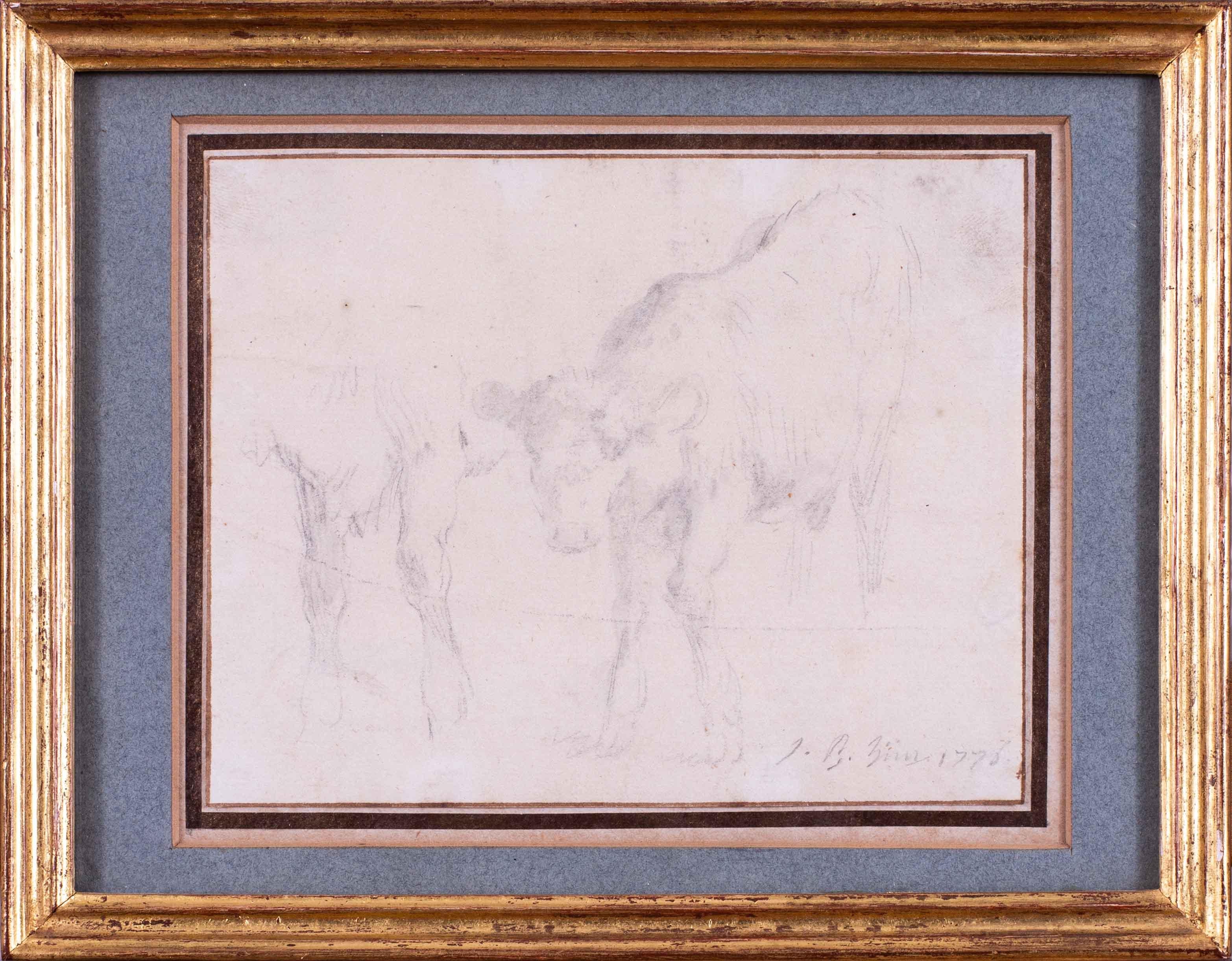 18th Century Old Master pencil study of cows by French artist Jean Baptiste Huet