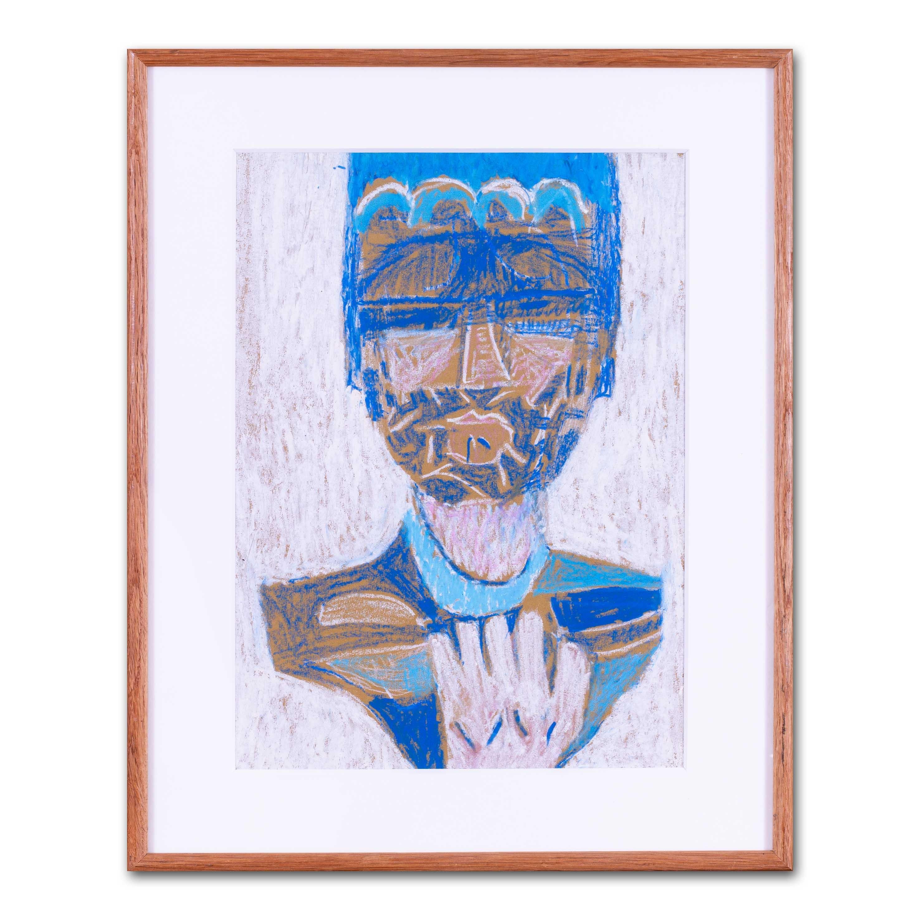 This mythological abstract portrait, 'Blue Deity', uses rich shades of blue to contrast with the white pastel against the paper. The figure wears an elaborate and exotic headdress, accentuated by bright and piercing blues. A hand reaches up as if to