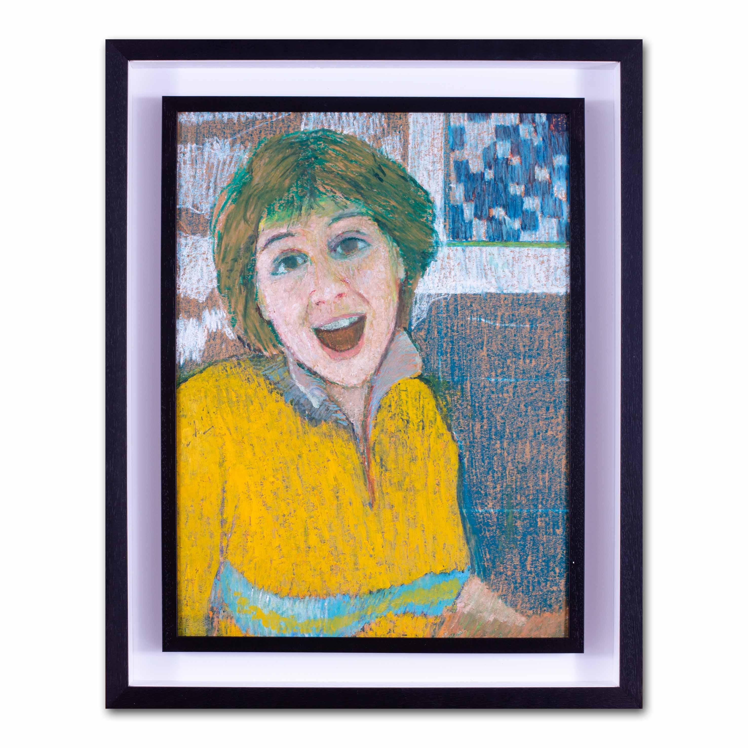A bright and engaging portrait of the famed comedian Victoria Wood (1953 - 2016). She wears a vibrant yellow jersey with a vivid blue stripe running across it. In the background are various prints and pictures in reds and blues, creating a textured