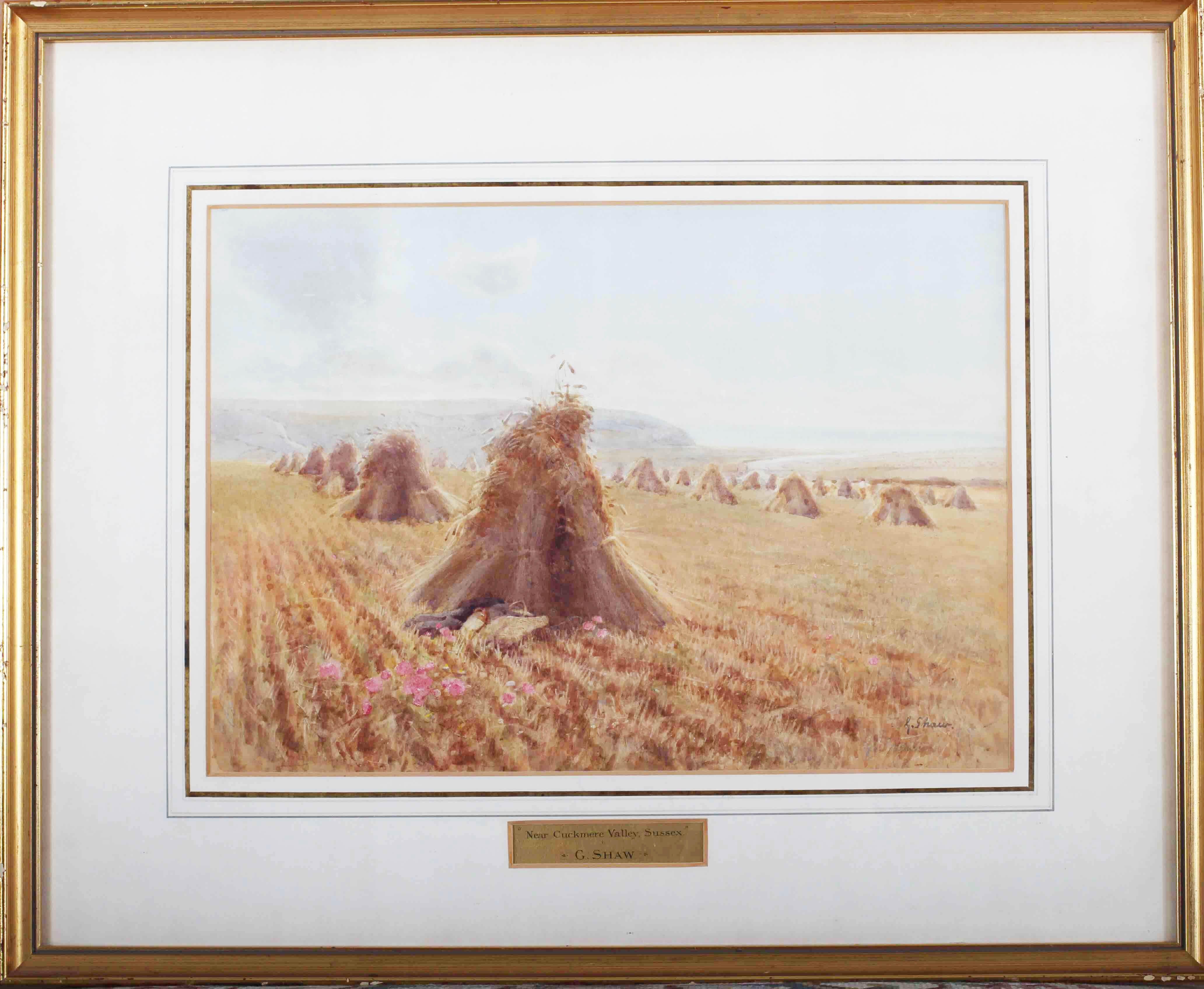 George Shaw Landscape Art - British 19th Century watercolour of haystacks near the Cuckmere vallery, Sussex