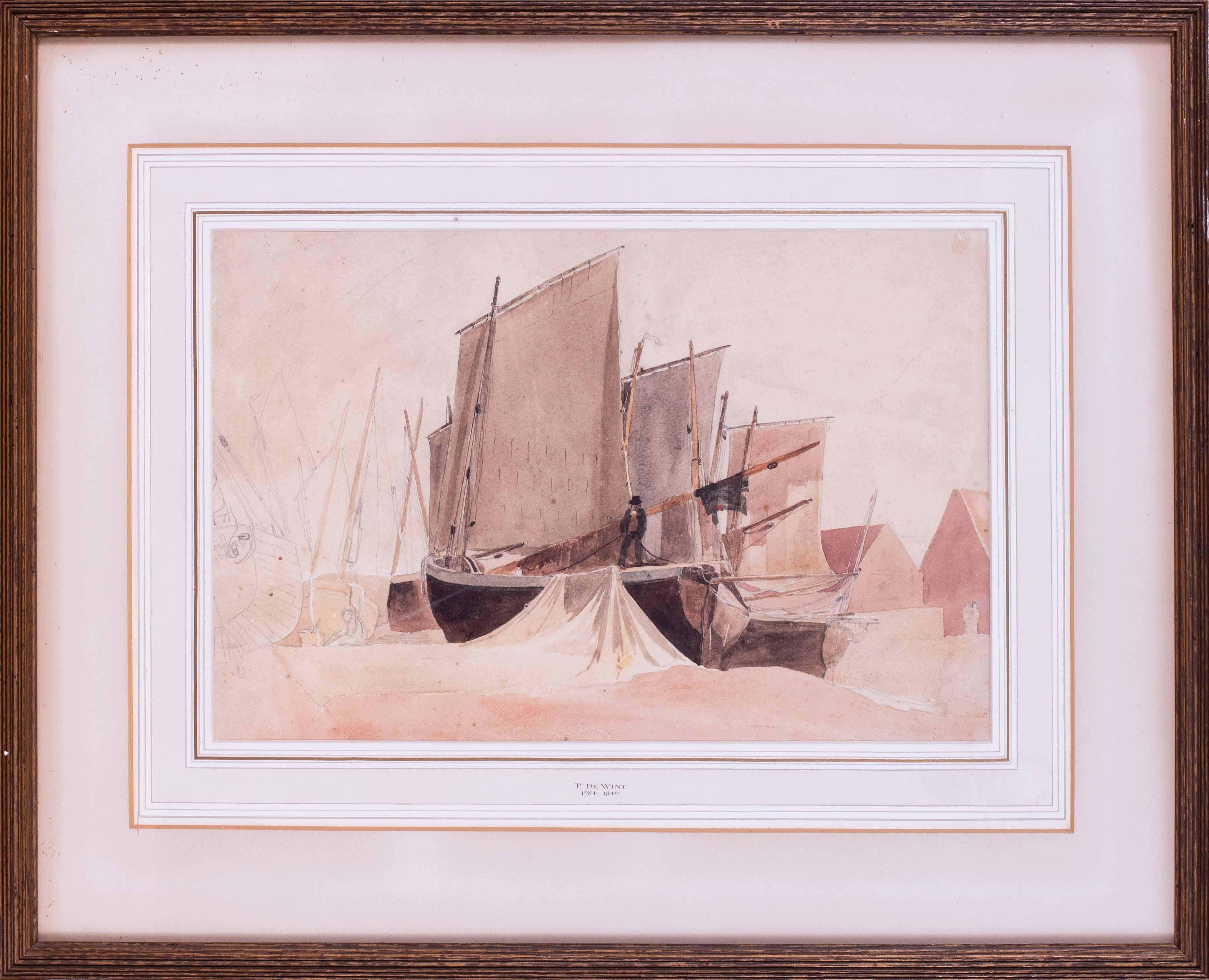 Aquarell von Fischerbooten bei Niedergezeiten aus dem 19. Jahrhundert des britischen Künstlers de Wint