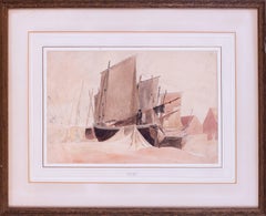 19th Century watercolour of fishing boats at low tide by British artist de Wint