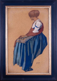 Peinture à l'aquarelle écossaise du début du 20e siècle représentant une jeune fille assise par Lamont