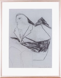 1971 Pat Douthwaite Holzkohle-Zeichnung eines sitzenden Mannes, schottisch, abstrakt