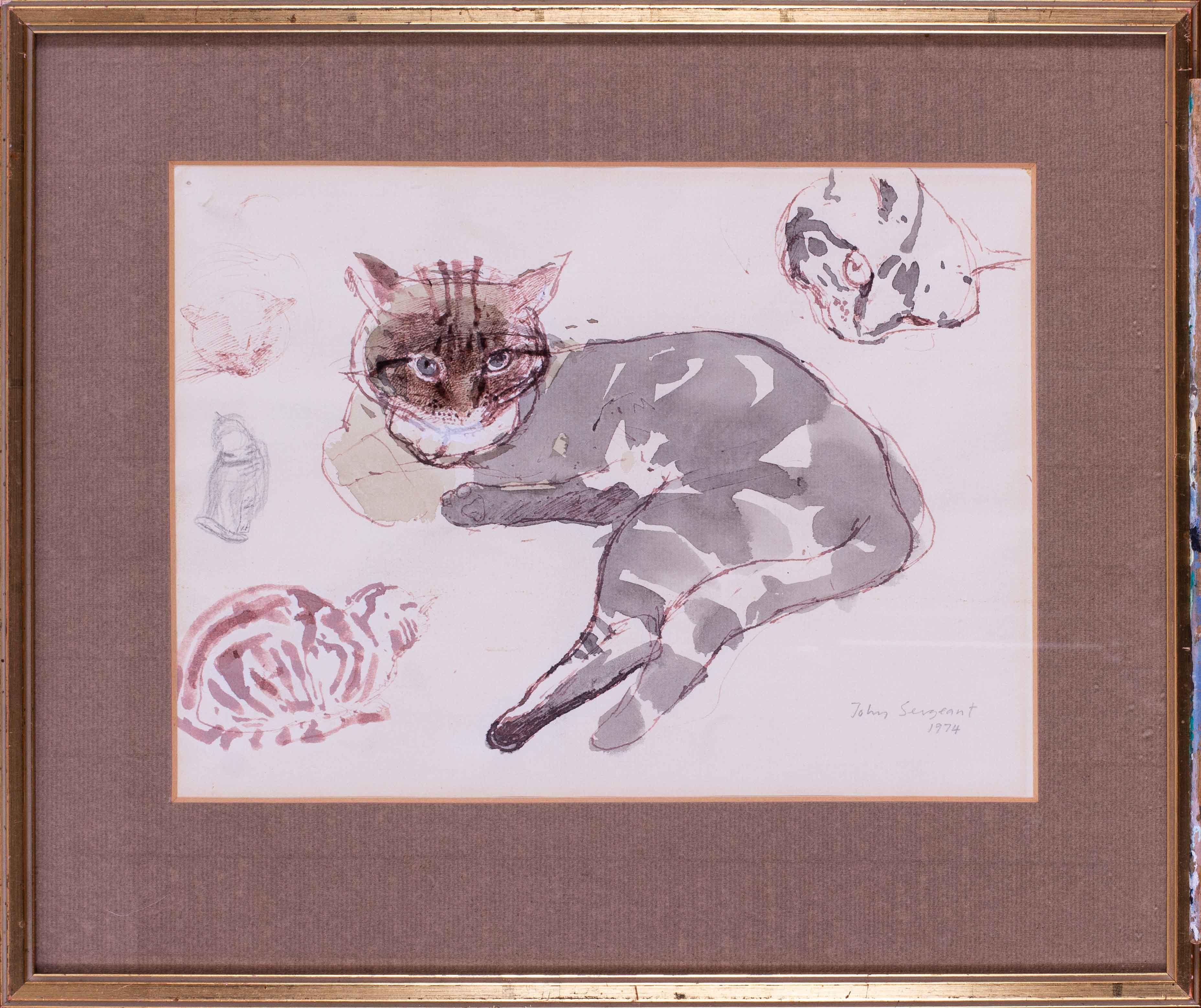 'Studies of a tabby cat', mixed media on paper by British artist John Sergeant