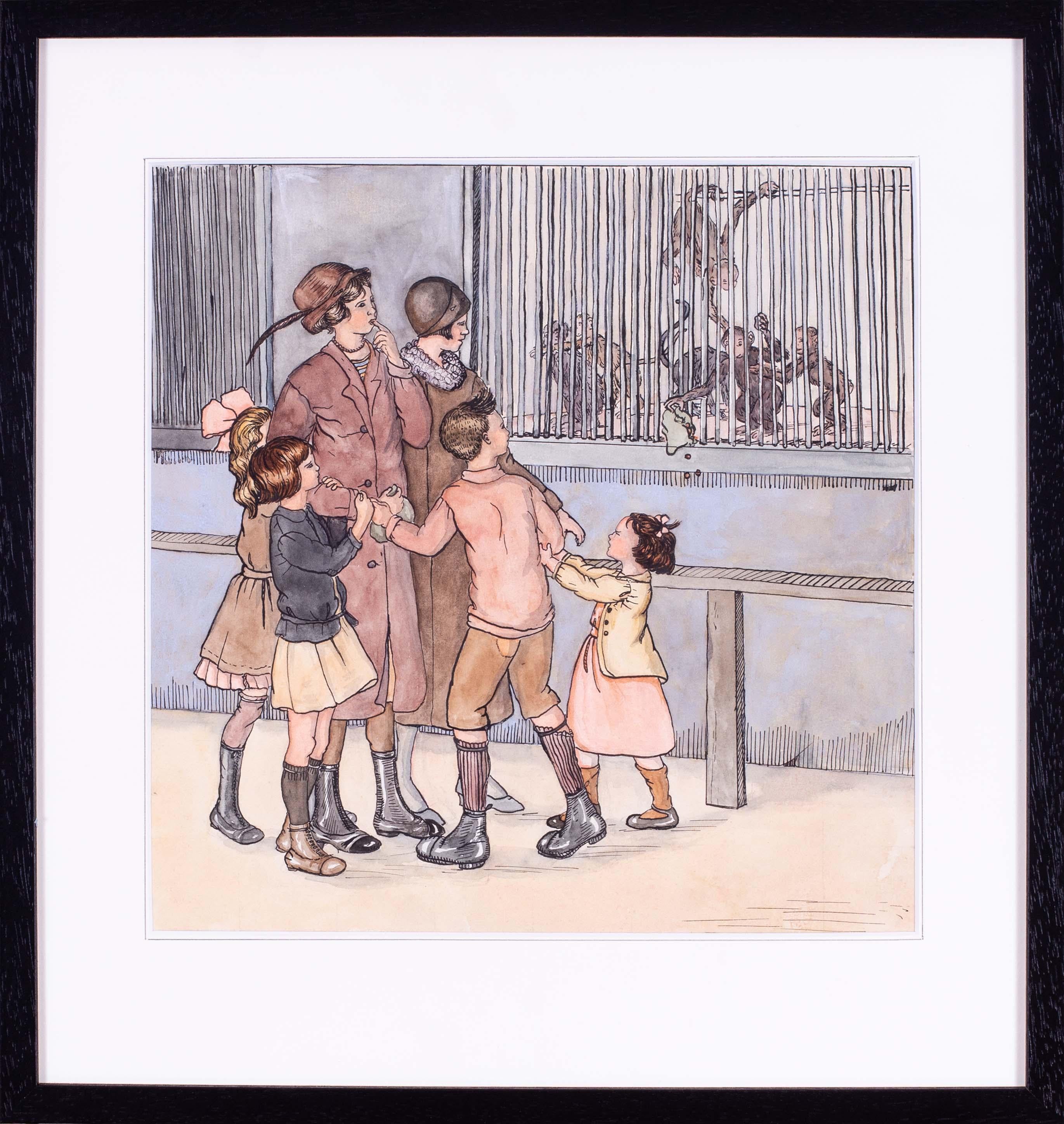 Mona Alizon Edmonds Animal Art - British mid century watercolour and pen drawing of children at a zoo with monkey