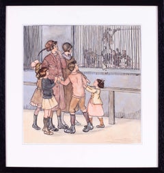 British mid century watercolour and pen drawing of children at a zoo with monkey