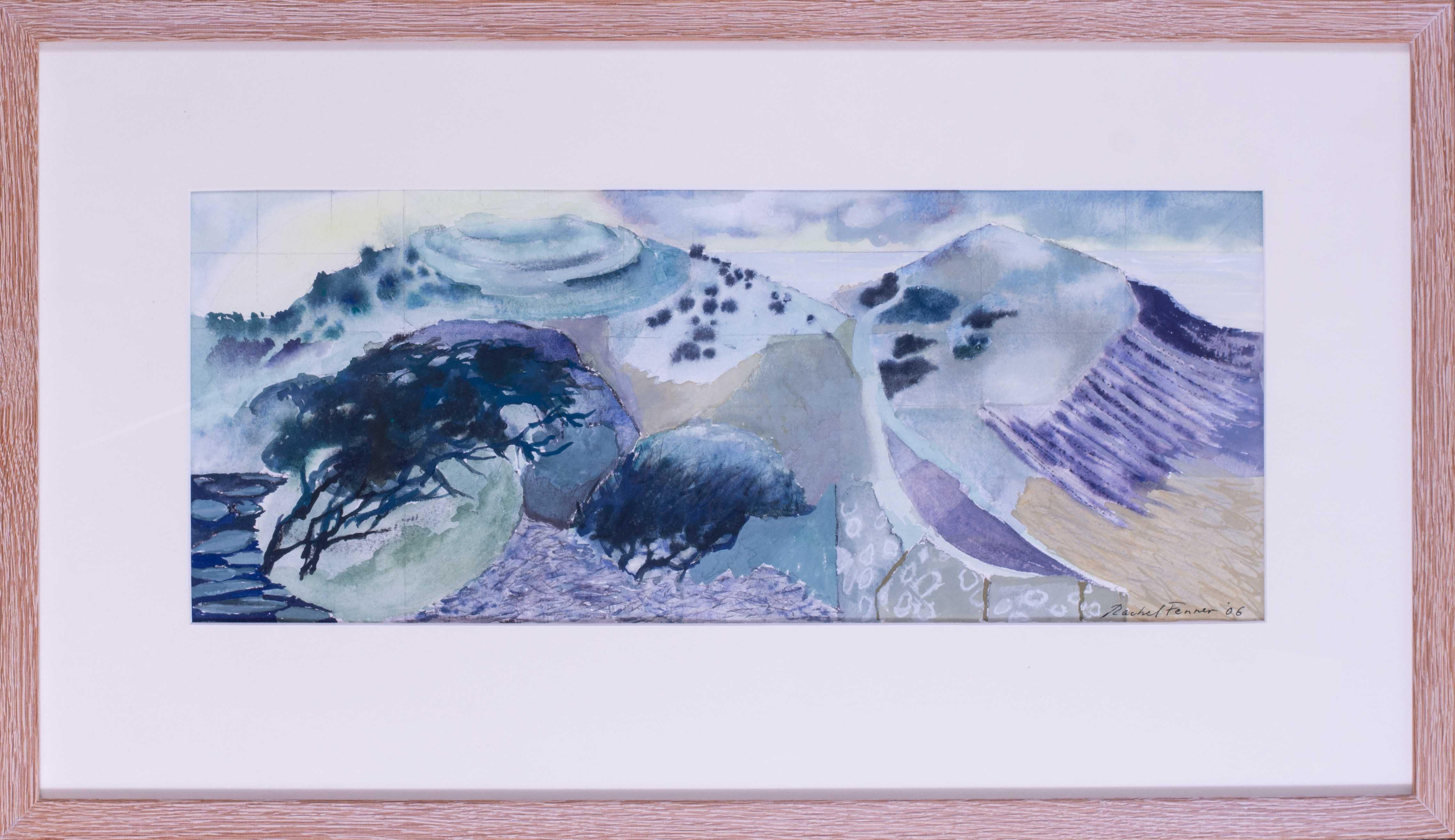Coastal Hill Fort, Gouache auf Papier der britischen Künstlerin Rachel Fenner
