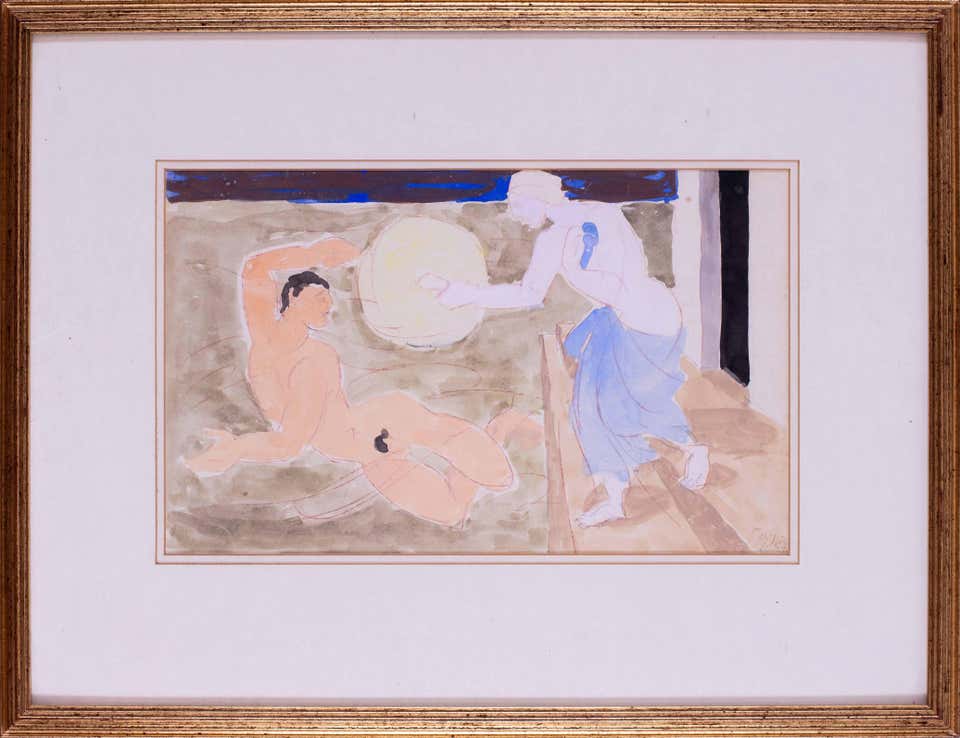 Duncan Grant original 1954 watercolour 'Hero and Leander', signed with initials