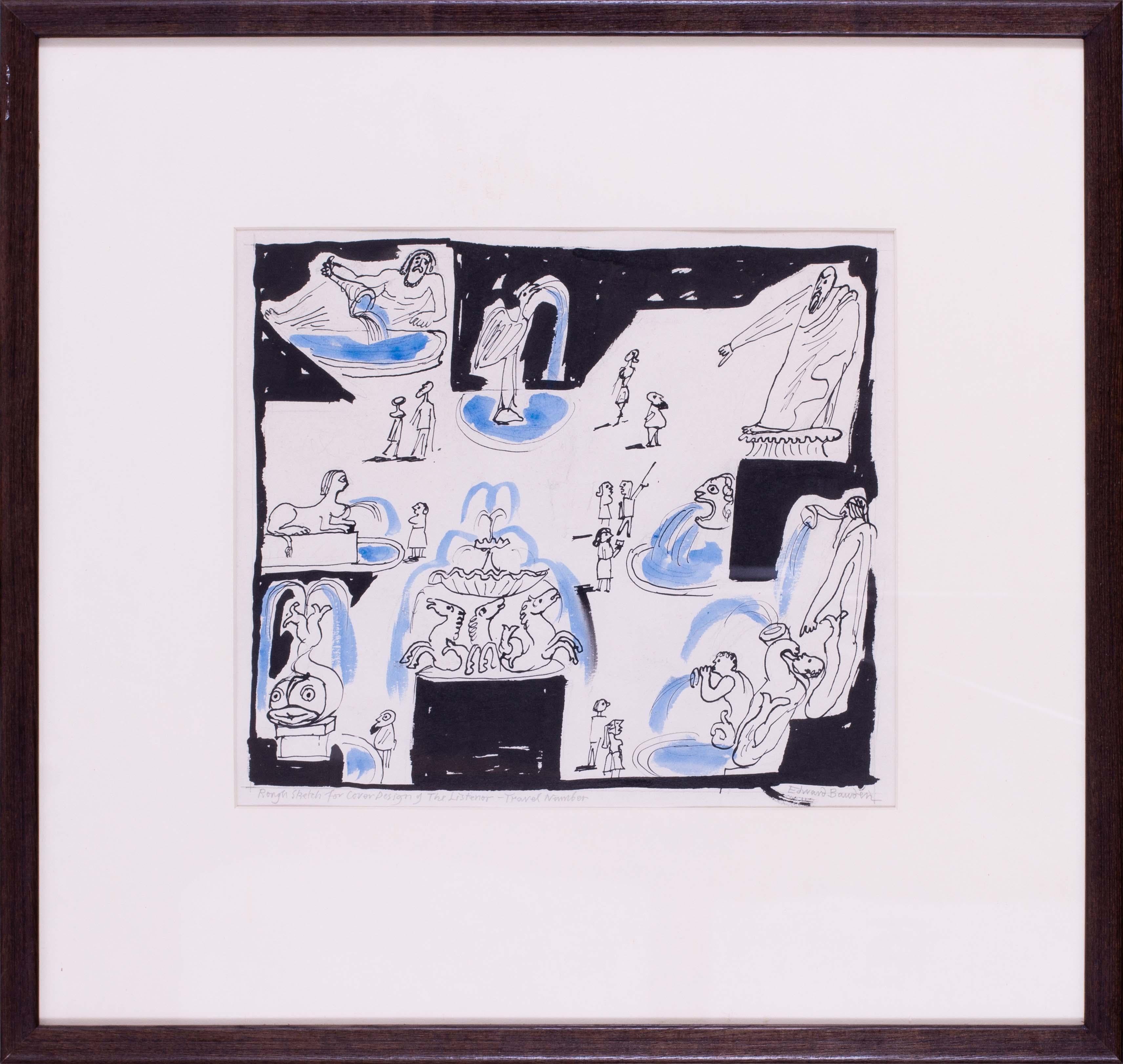 Edward Bawden Design des Zuhörers, Tinte auf Papier, britischer Maler, Illustrator