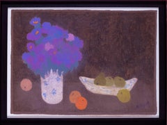 Estudio al pastel Modern British de flores con naranjas y peras por Bernard Myers