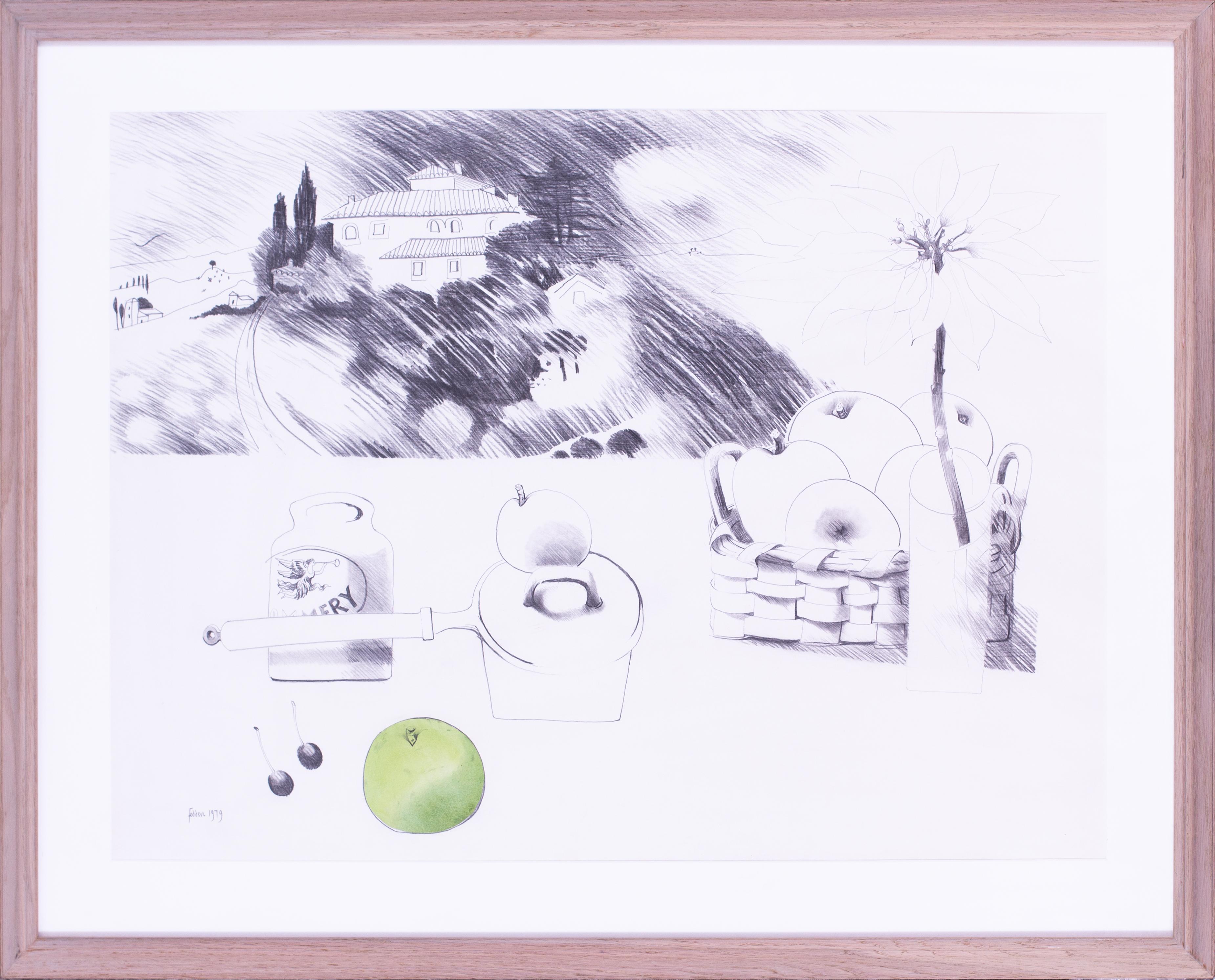 Mary Fedden (británica, 1915-2012)
La manzana verde
Lápiz y acuarela
Firmado y fechado "Fedden 1979" (abajo a la izquierda); además, firmado y titulado "Mary Fedden, La manzana verde" (en el reverso)
21 1/5 x 29 in. (54.7 x 73.6 cm)
Procedencia: The