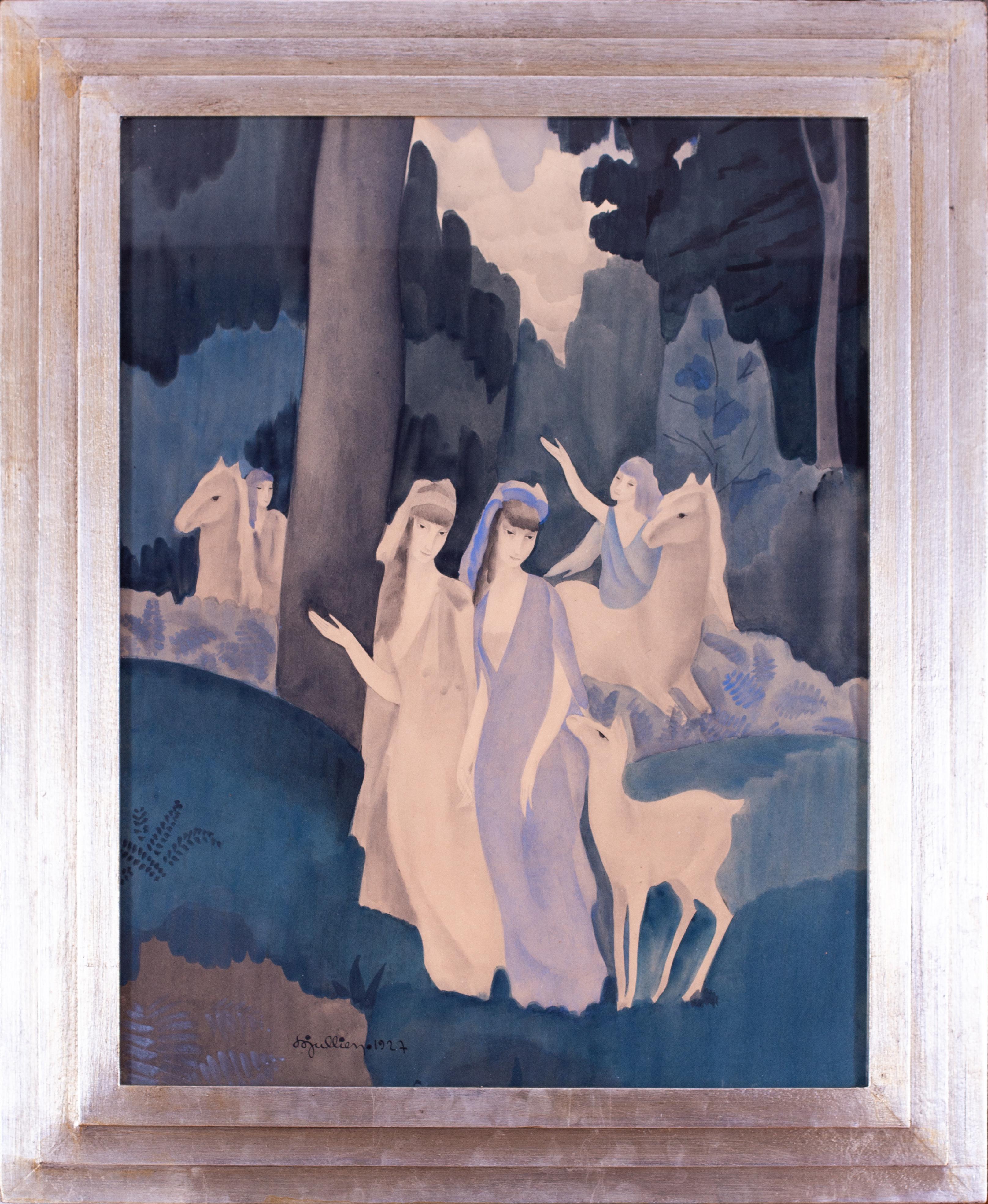 Français, 1927 peinture au crayon et à l'aquarelle 'Une idylle forestière' par Jullien