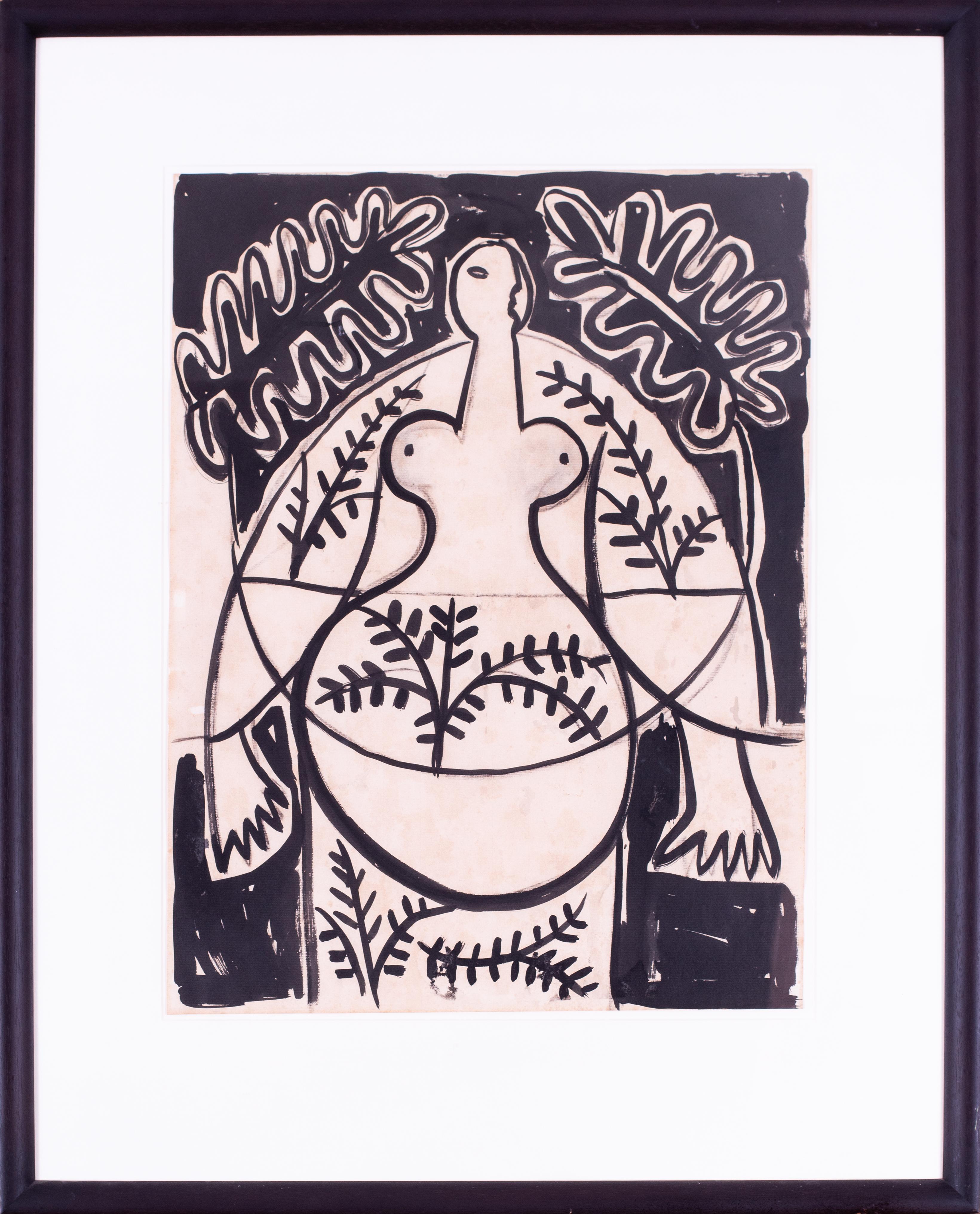 Casimir Zielenkiewic Caziel Figurative Art - Polist, 20th Century 'Earth Mother', charcoal and ink on paper, abstract