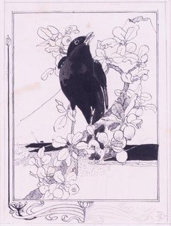 Ilustración británica de principios del siglo XX de un mirlo cantando, por Detmold