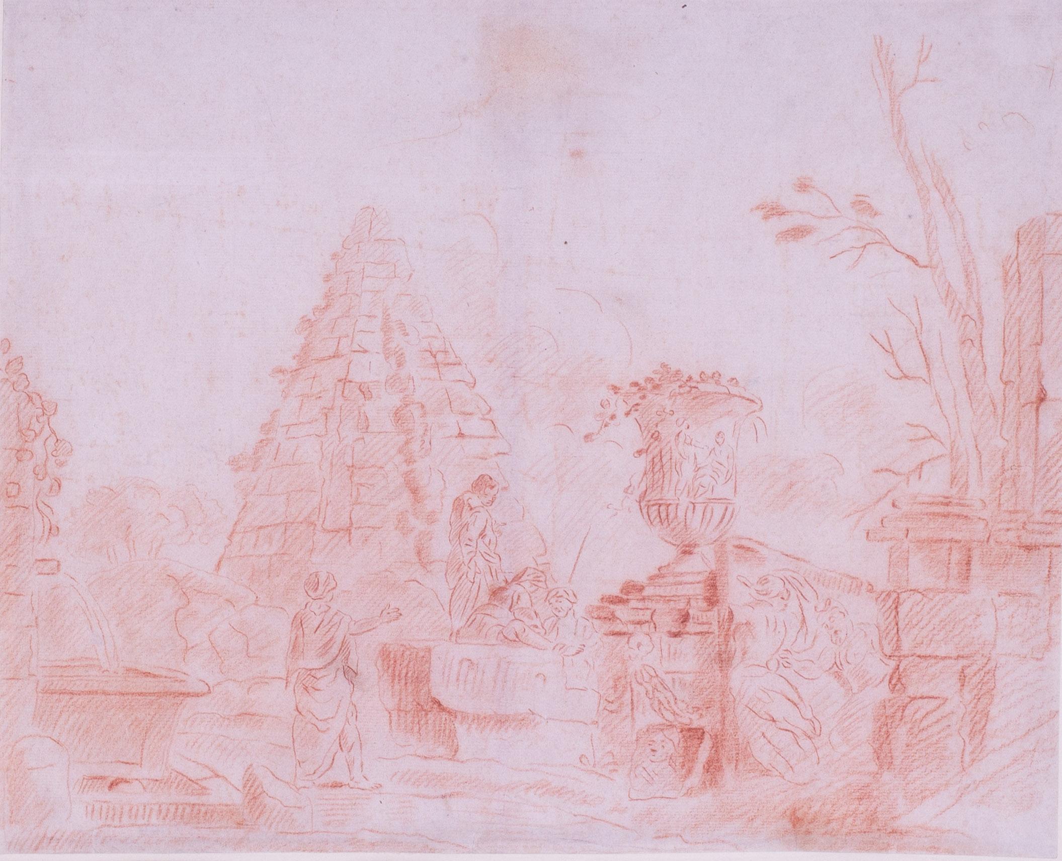 Französische sanguine Zeichnung von Figuren in den römischen Ruinen des 18. Jahrhunderts von Robert – Art von Hubert Robert