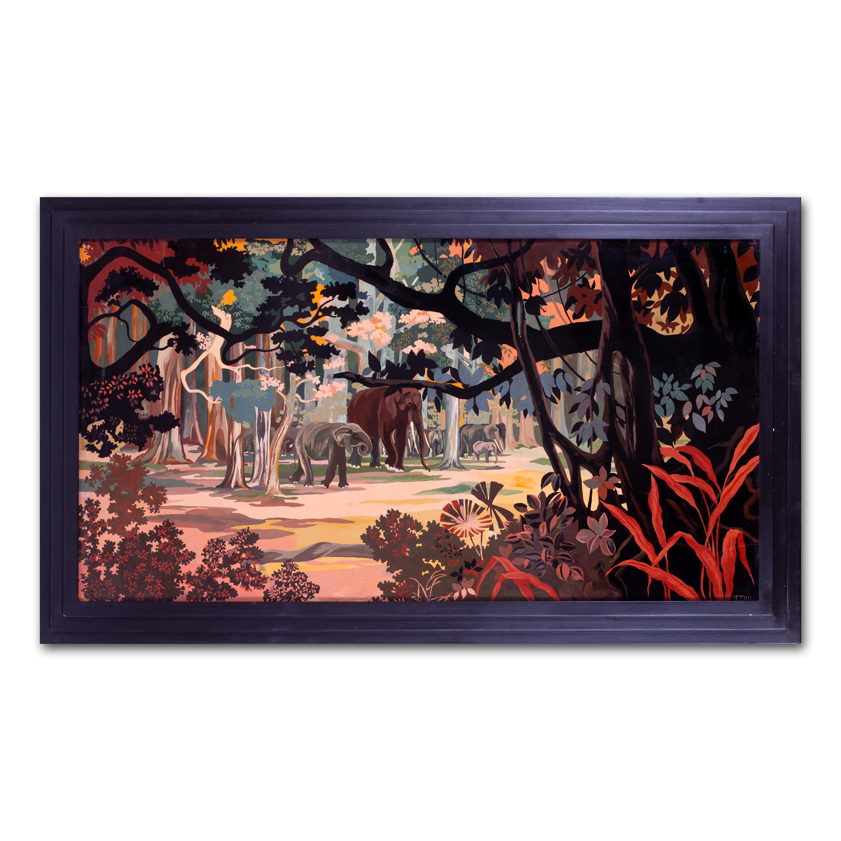 A large art deco lacquer panel of elephants in a forest, blacks, reds and browns 2