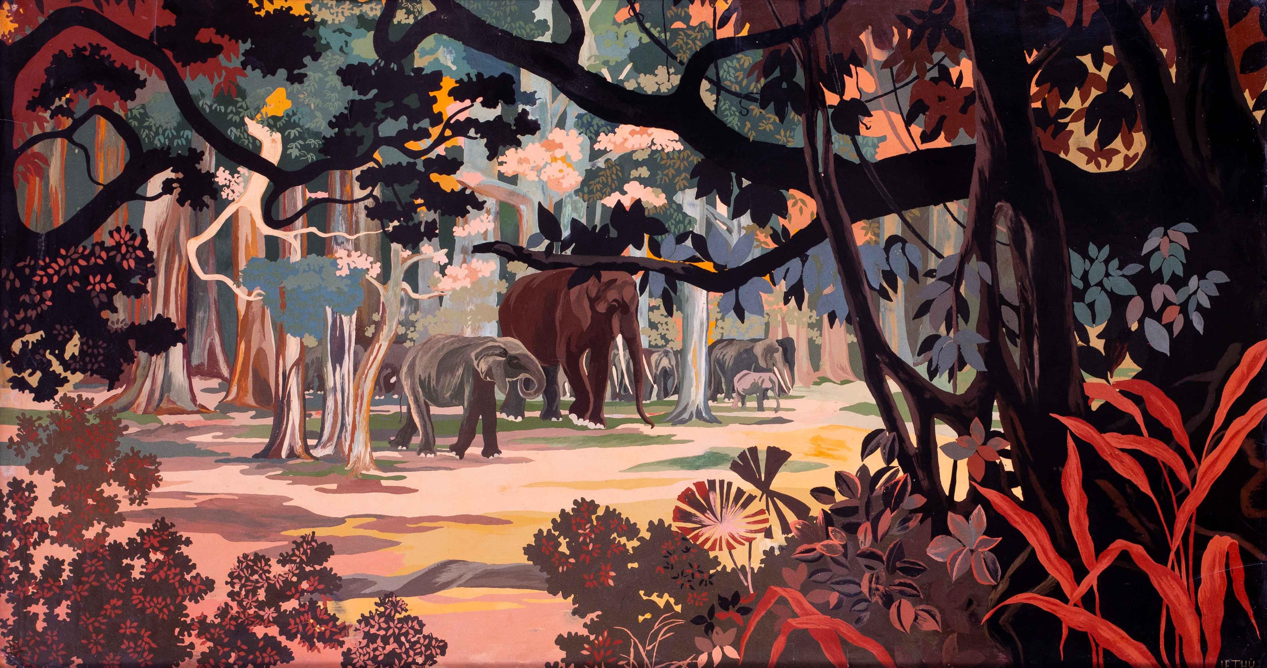 A large art deco lacquer panel of elephants in a forest, blacks, reds and browns 1