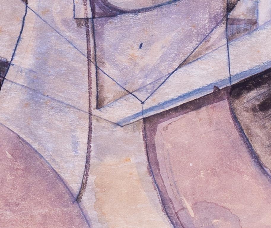 Gabriel Van Schnell (Niederländer, geb. 1908/1947) 
Die maskierte Figur im Abstrakten 
Signiert 'SCHNELL' (unten links)
13. 3/4 x 10 Zoll.  (35 x 25 cm.) 
