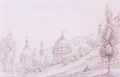 19th Century ink and watercolour drawing of Tuscany, between Florence and Pisa