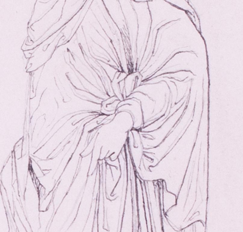 Attributed to John Flaxman (British, 1755- 1826)
Study of a classical maiden
Pen and ink on paper
5.1/2 x 3.1/8 in. (14 x 8 cm.)