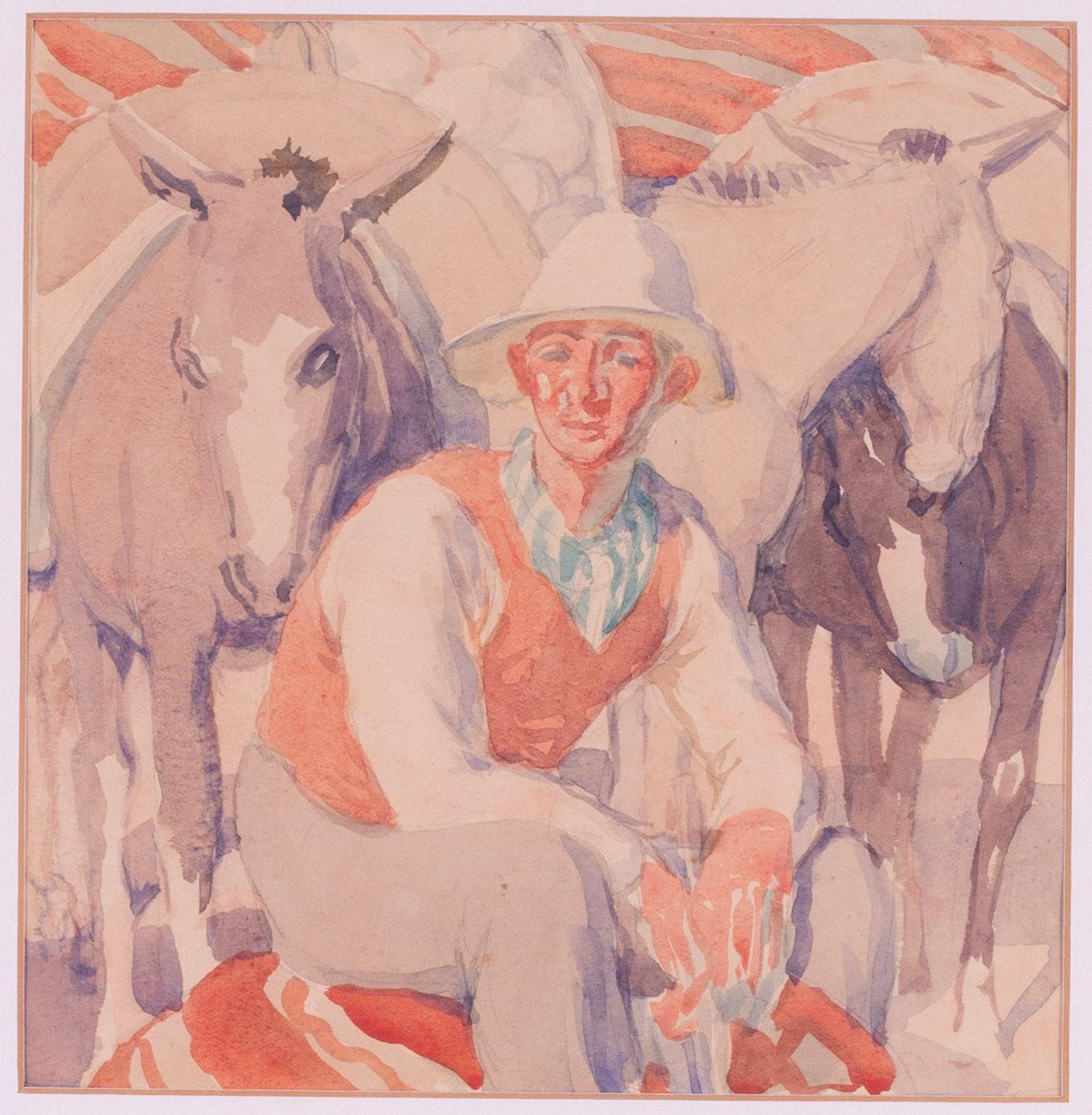 Set of 3 watercolours, mid 20th Century British by Harold Dearden, farm helpers 3