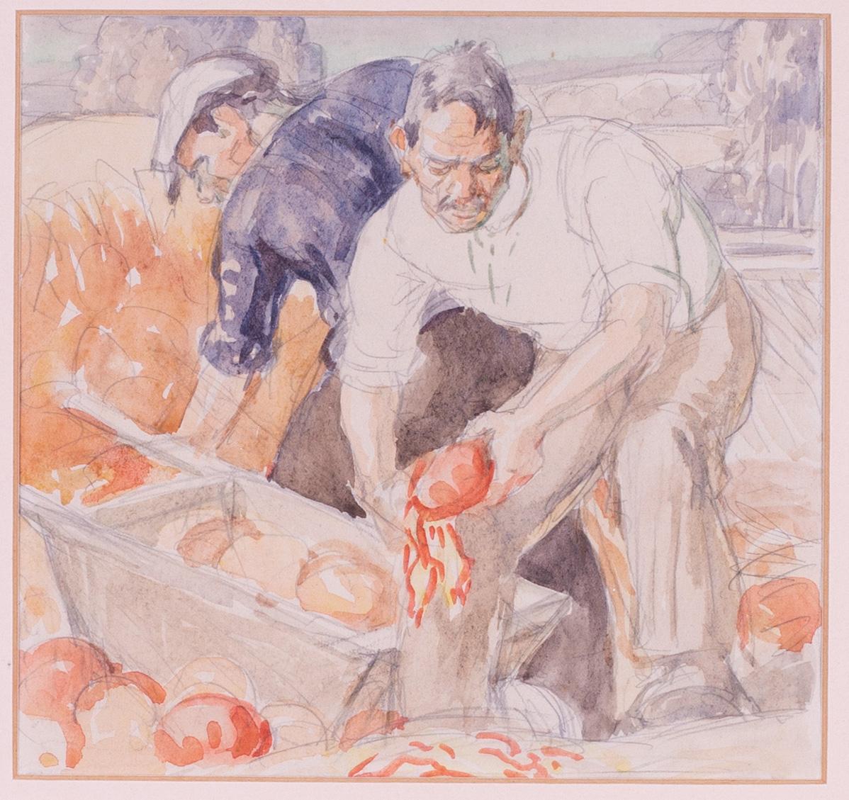 Set of 3 watercolours, mid 20th Century British by Harold Dearden, farm helpers 2