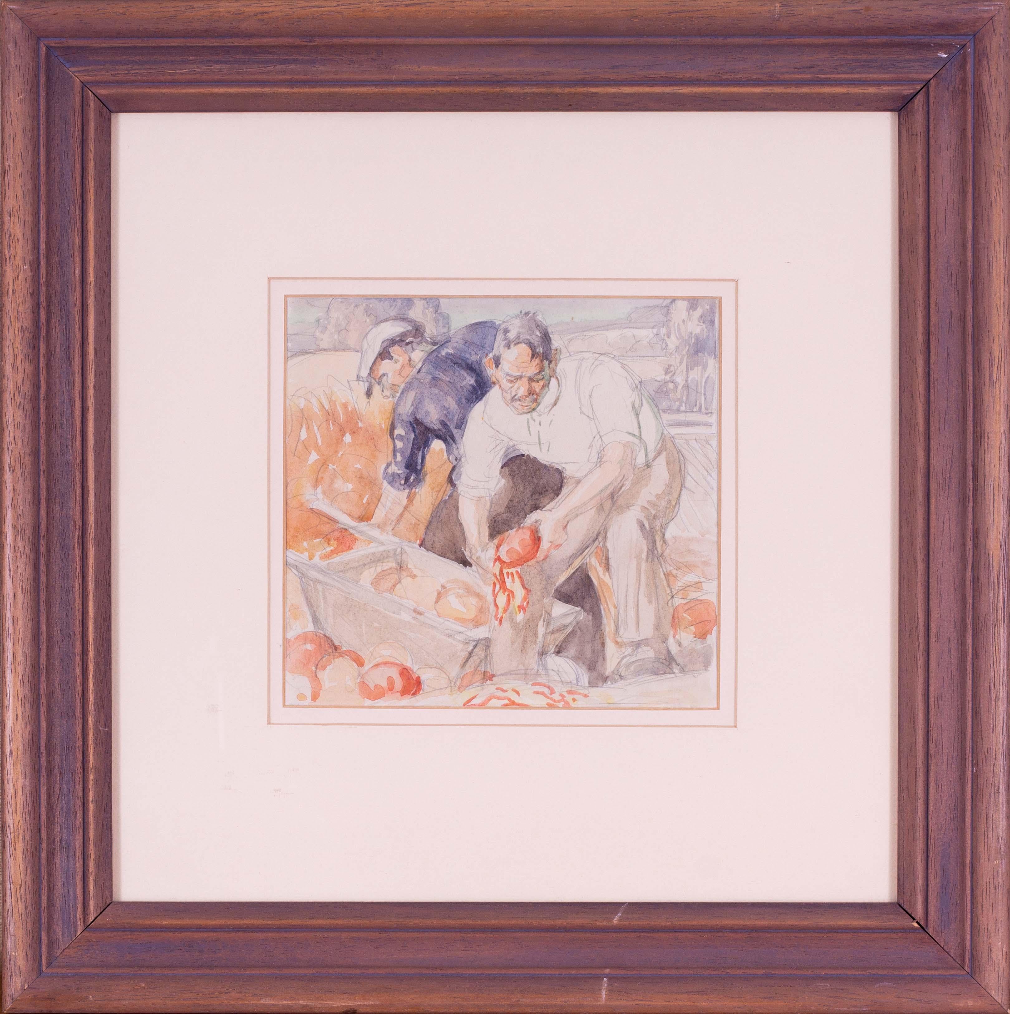 Set of 3 watercolours, mid 20th Century British by Harold Dearden, farm helpers 1