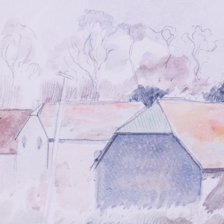 Britisches Aquarell des oberen Basildons des frühen 20. Jahrhunderts, Berkshire, UK (Grau), Landscape Art, von Gilbert Spencer RA, RWS, NEAC 