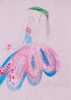 Art Deco watercolour study of a dancer with a parasol by Charles Gesmar