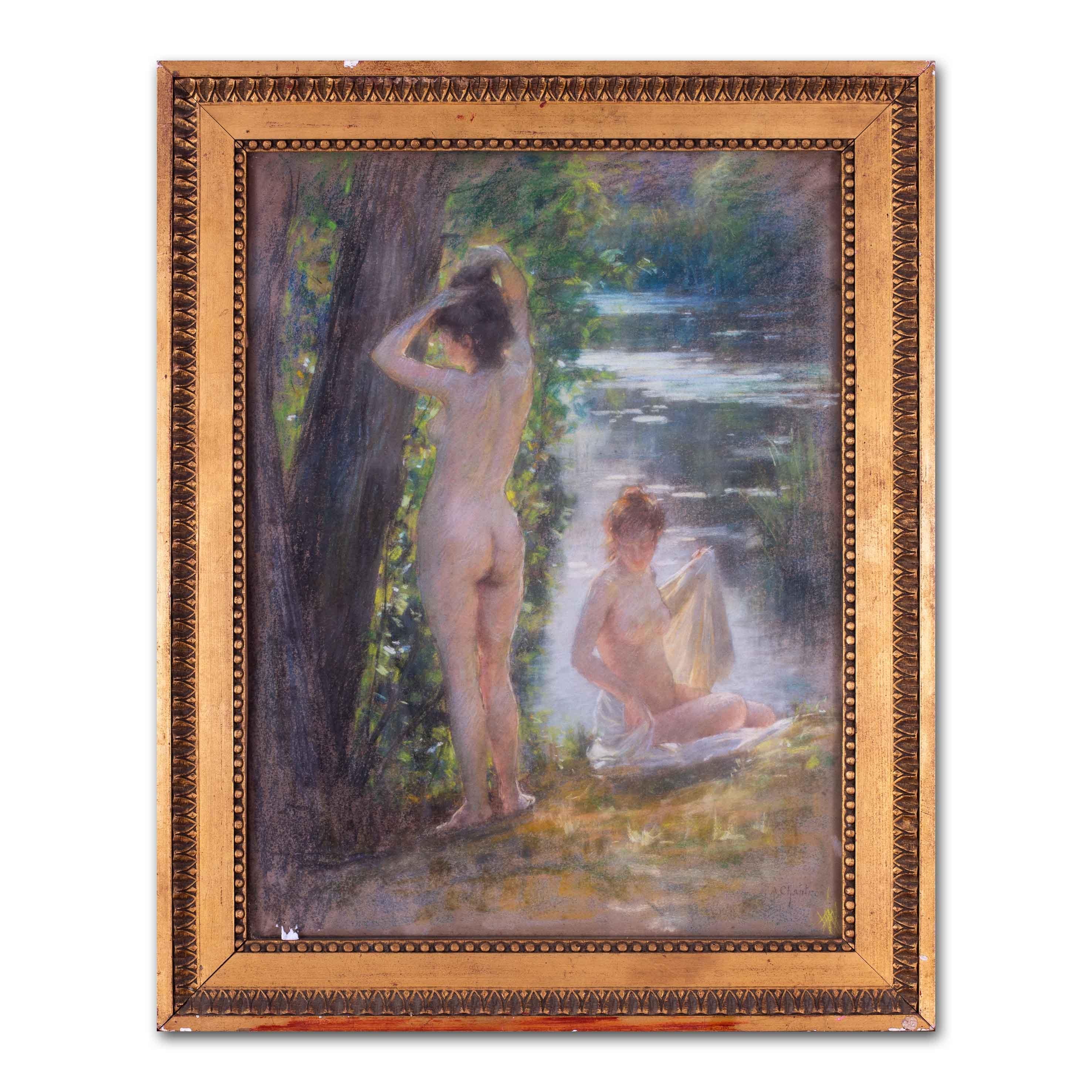 Late 19th Century pastel by Chantron of bathers by the side of a river - Gray Figurative Art by Alexandre Jacques Chantron