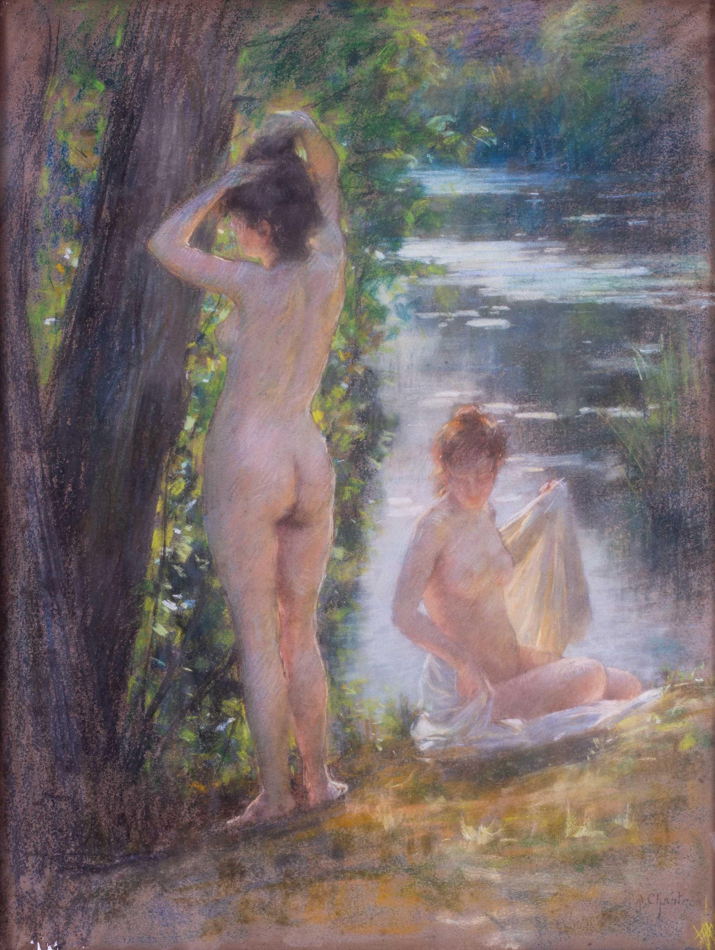 Late 19th Century pastel by Chantron of bathers by the side of a river - Impressionist Art by Alexandre Jacques Chantron