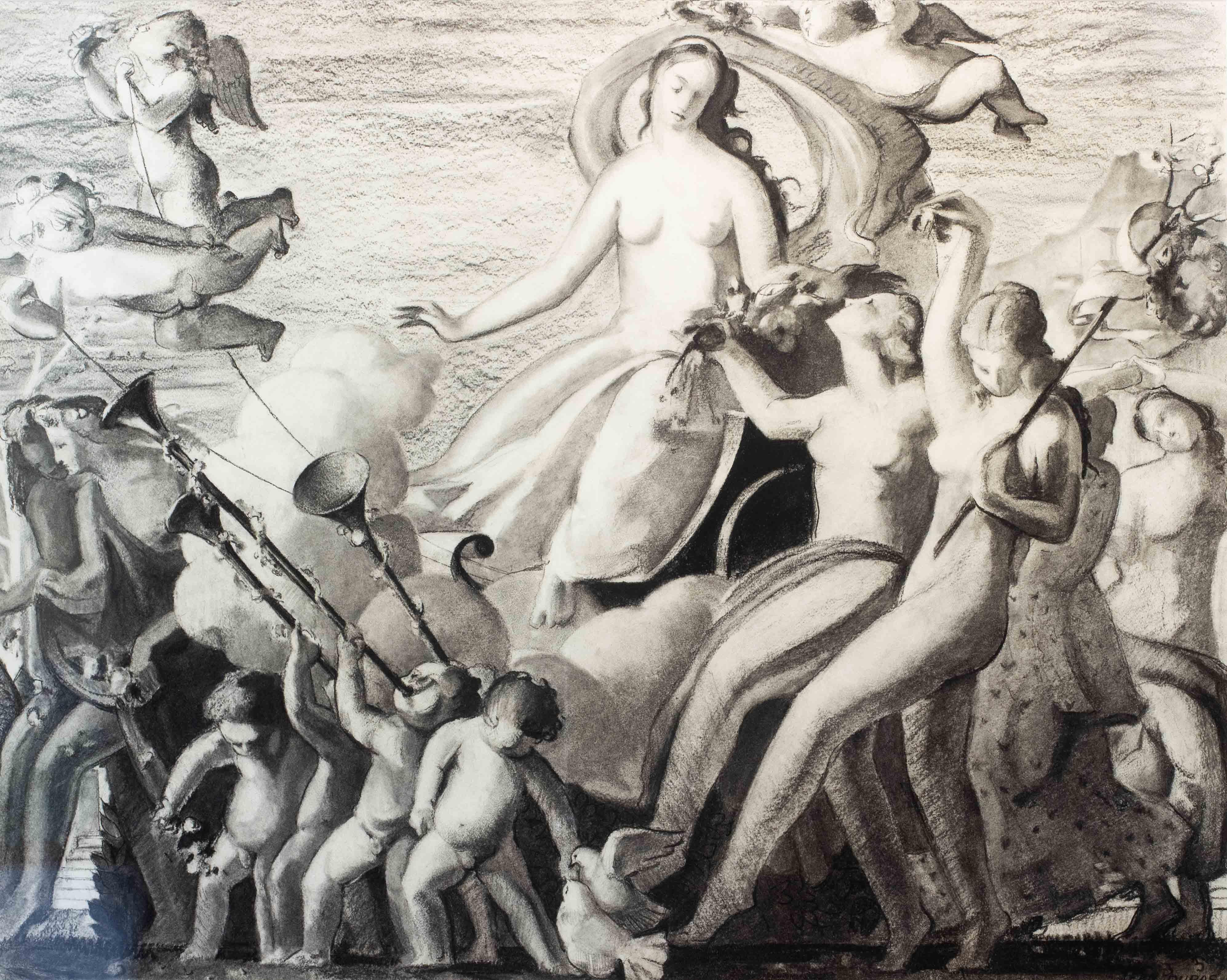 Kohlezeichnung im Art déco-Stil von Jean Dupas aus dem Triumph der Venus, 1933 im Angebot 1