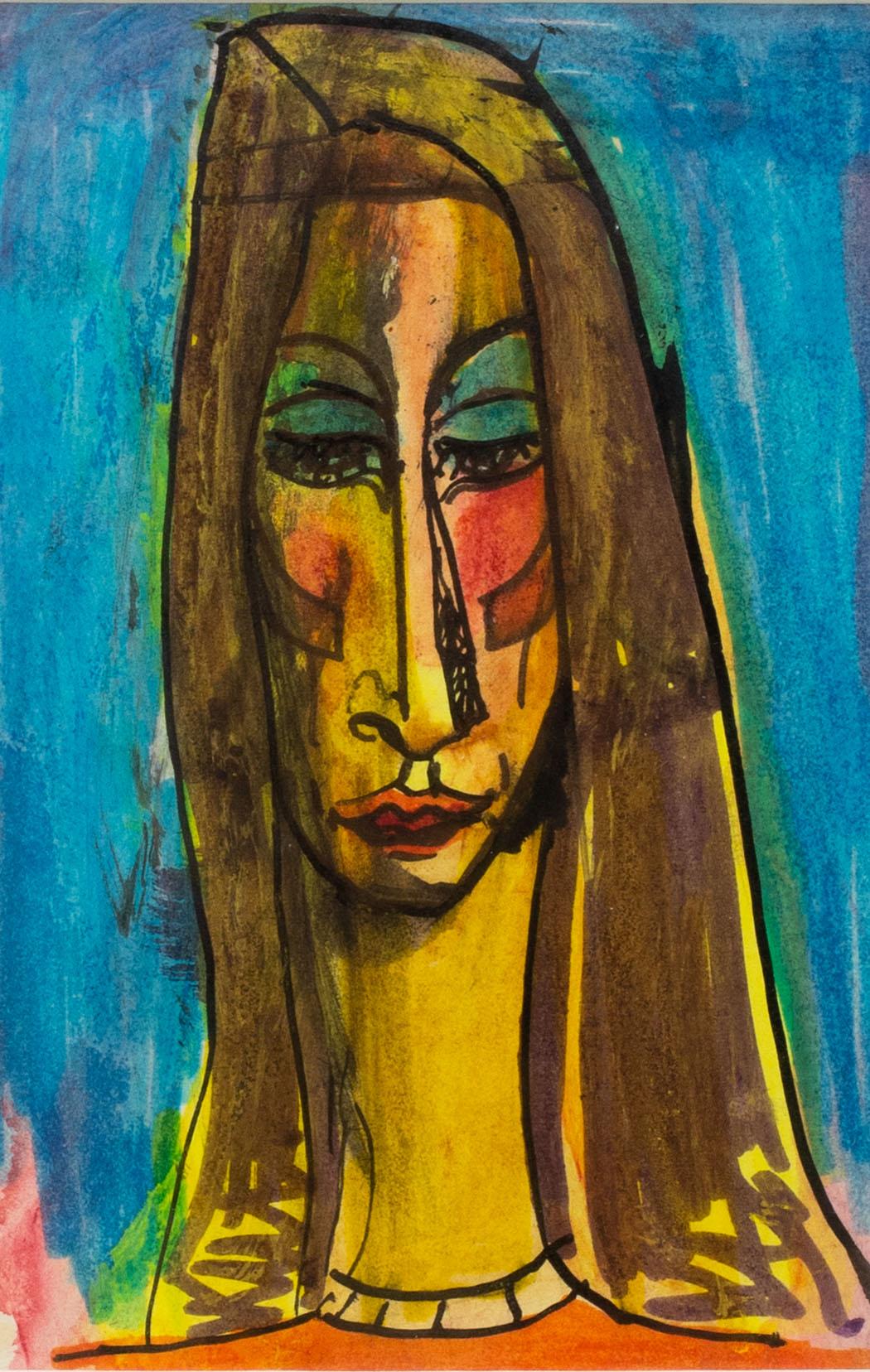 Sven Berlin watercolour drawing of a maiden head, British, Mid Century artist For Sale 1