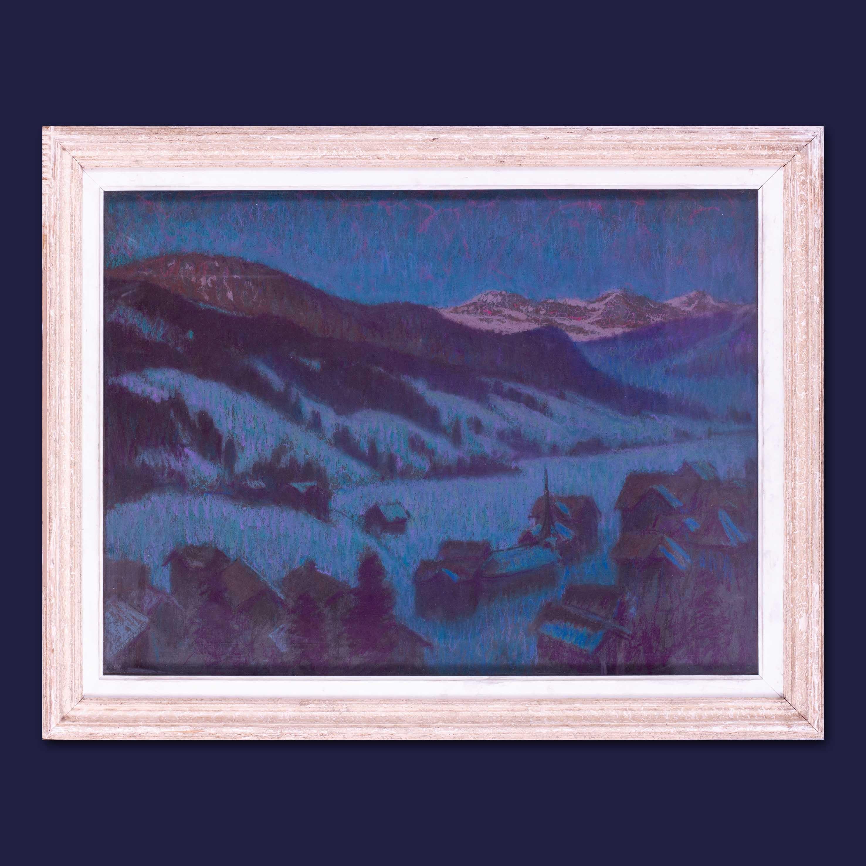 American Impressionist mountain landscape of Gstaad in nighttime, pastel 3