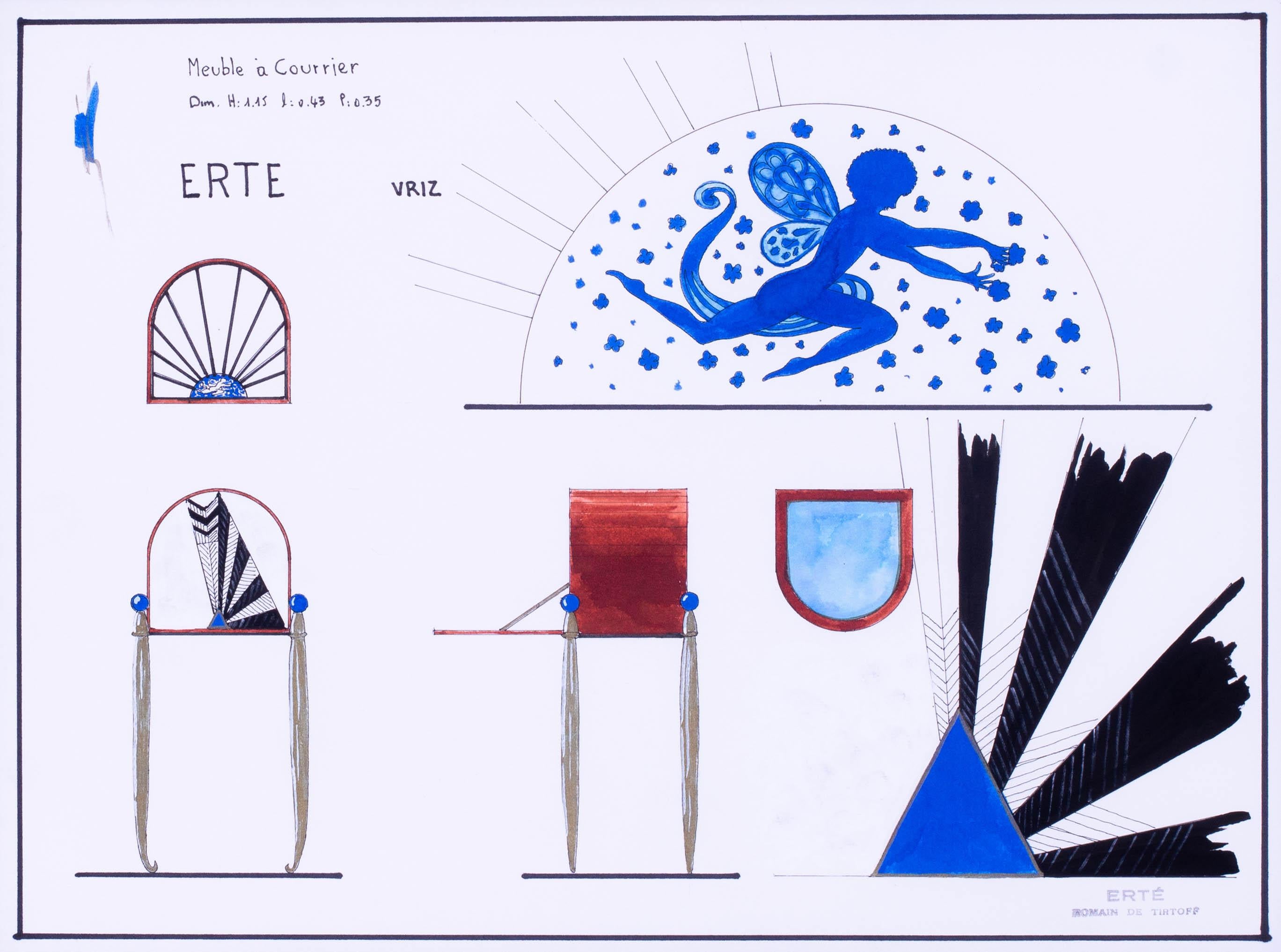 Erte original furniture art deco designs in ink, gold paint and watercolour - Art by Erte - Romain de Tirtoff