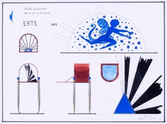 Erte original furniture art deco designs in ink, gold paint and watercolour