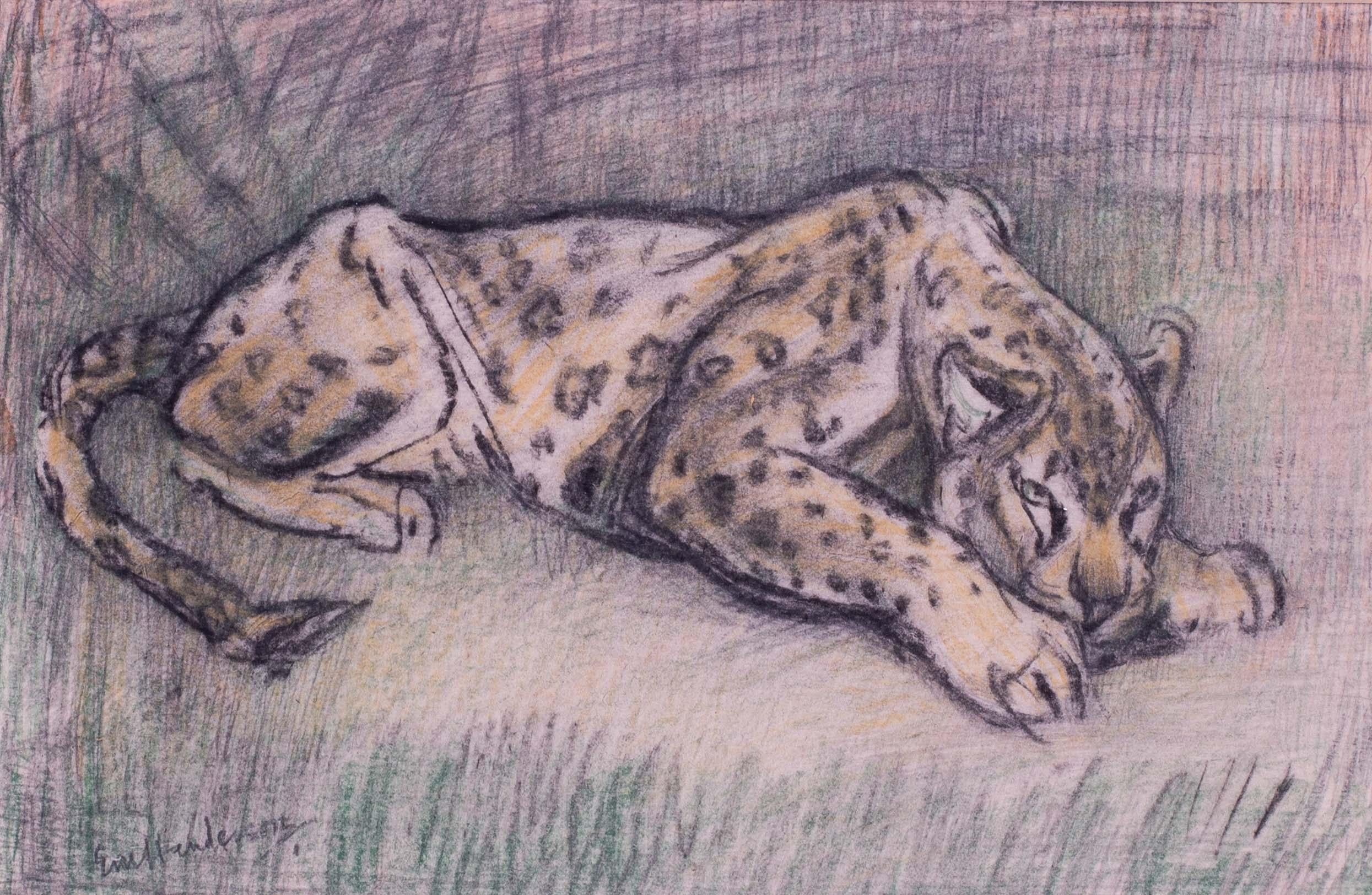 Crouching Leopard drawing by British 20th Century artist Elsie Marian Henderson For Sale 1