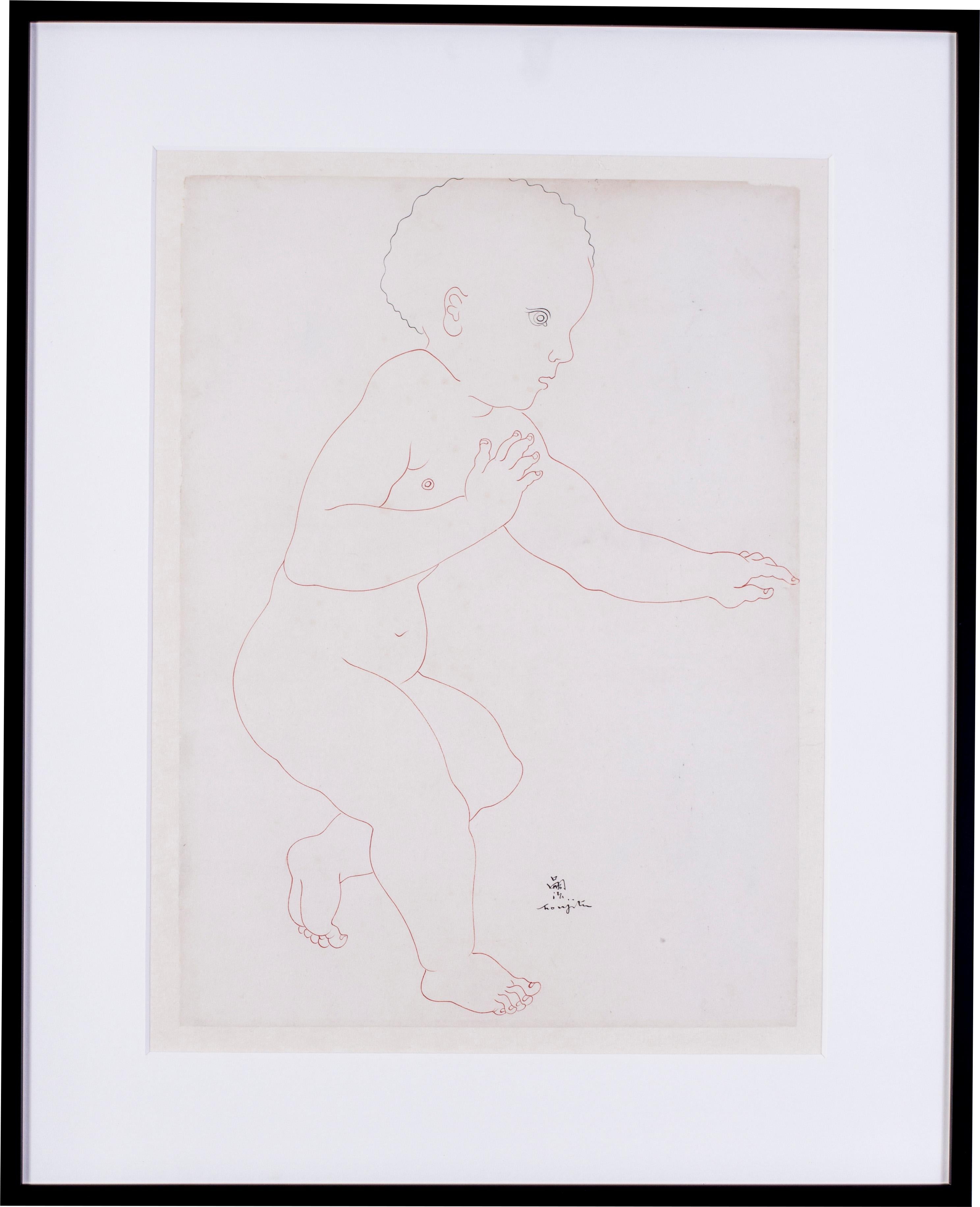Japanese / French Tsuguharu Foujita Post Impressionist drawings, a pair, babies - Art by Léonard Tsugouharu Foujita