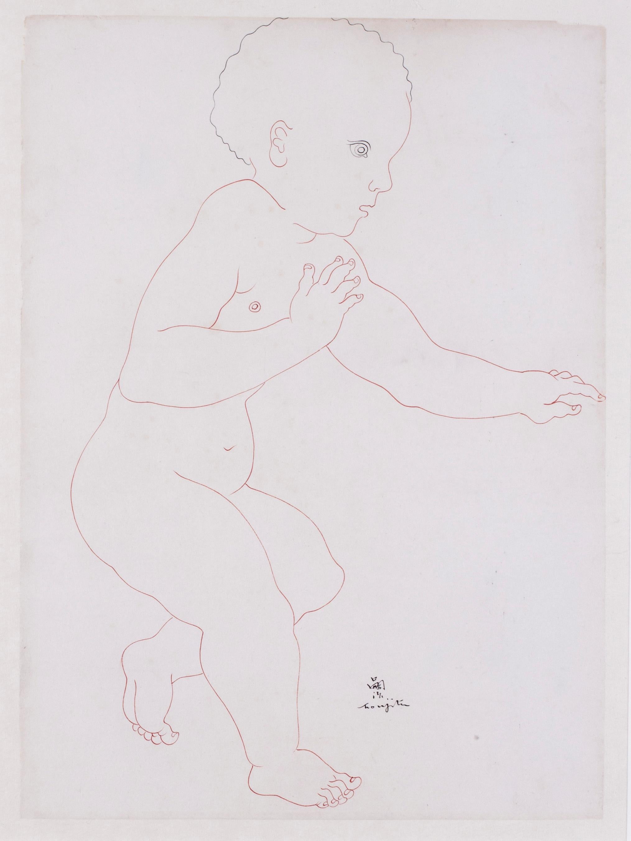 Japanese / French Tsuguharu Foujita Post Impressionist drawings, a pair, babies - Post-Impressionist Art by Léonard Tsugouharu Foujita