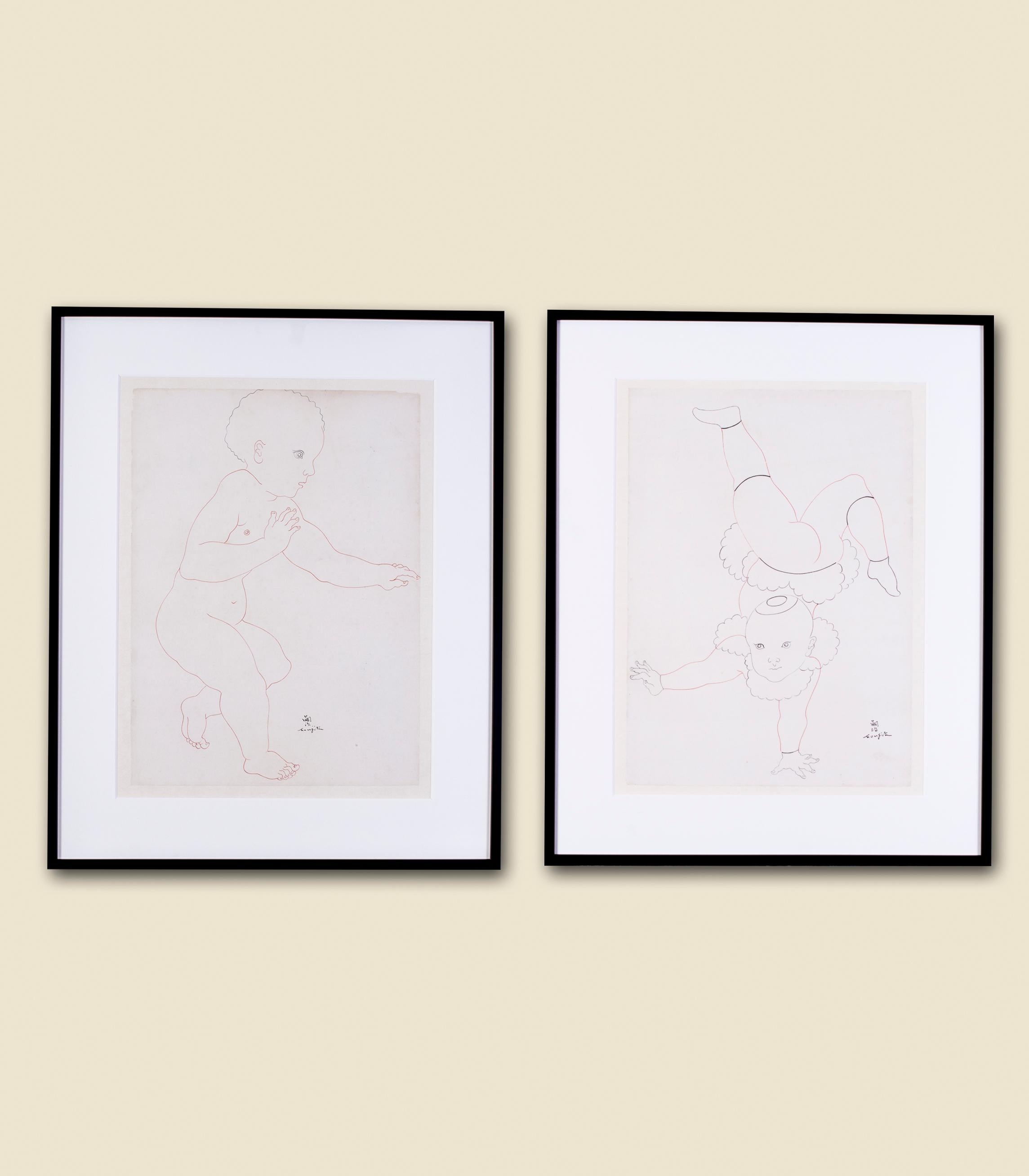 Japanese / French Tsuguharu Foujita Post Impressionist drawings, a pair, babies For Sale 6