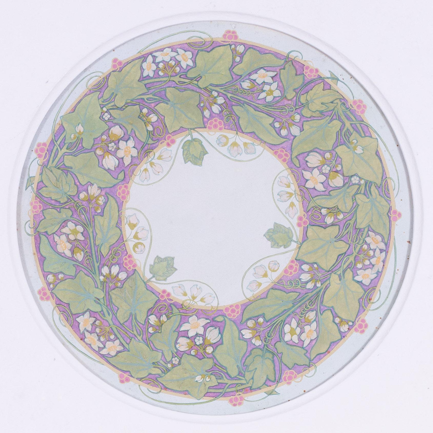 Edward Ridley (British, 1883-1946)
A circular design featuring ivy in blossom
Gouache
9.7/8 in. (25 cm.) tondo
This design was one of 5 submitted for ACT certificate which were awarded winner of the National book prize in 1906.
