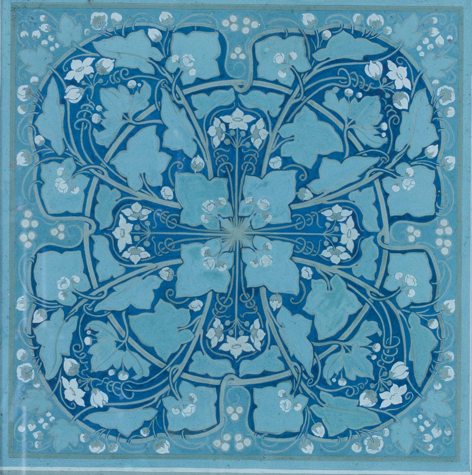 Ein quadratisches, geblümtes, blau-grünes britisches Design des frühen 20. Jahrhunderts – Art von Edward Ridley