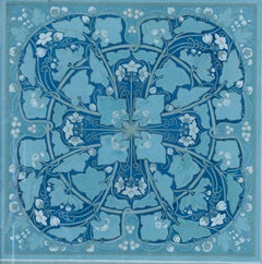 A squared design featuring ivy in blossom, blue green early 20th century British