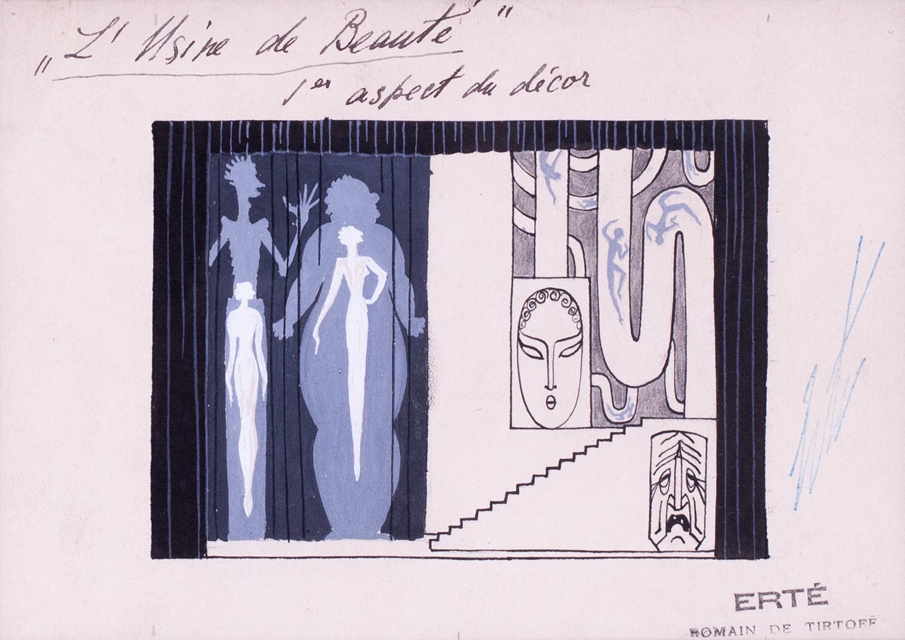 Romain de Tirtoff, Original-Theaterset-Entwurf in Tinte, signiert Erte (Art déco), Art, von Erte - Romain de Tirtoff