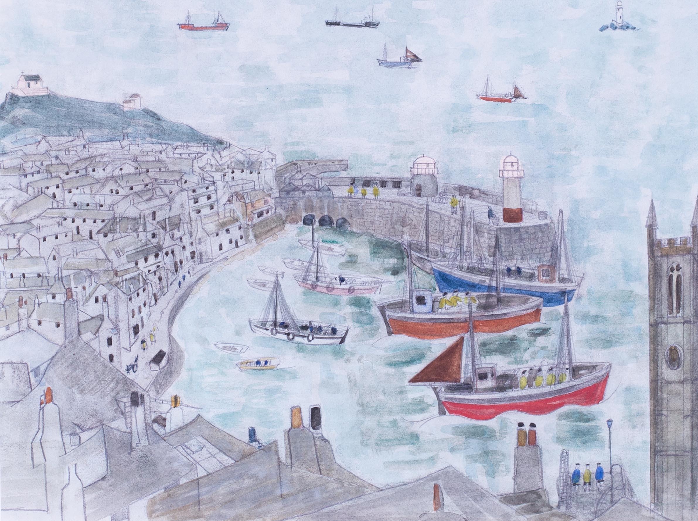 St. Ives-Schule, britische Fischerboote des 20. Jahrhunderts, die den Hafen von St. Ives verlassen – Art von Anne Harriet Sefton Fish