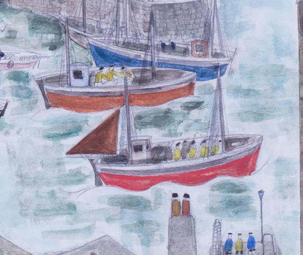 École de St. Ives, 20e siècle, Angleterre, bateaux de pêche qui quittent le port de St Ives - École anglaise Art par Anne Harriet Sefton Fish