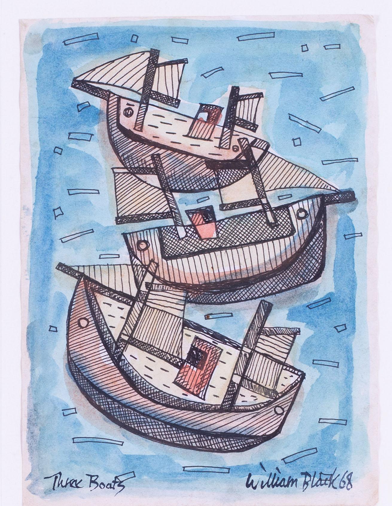 Modernes britisches, St. Ives-Aquarell der Gruppe William Black mit drei Booten im Angebot 5